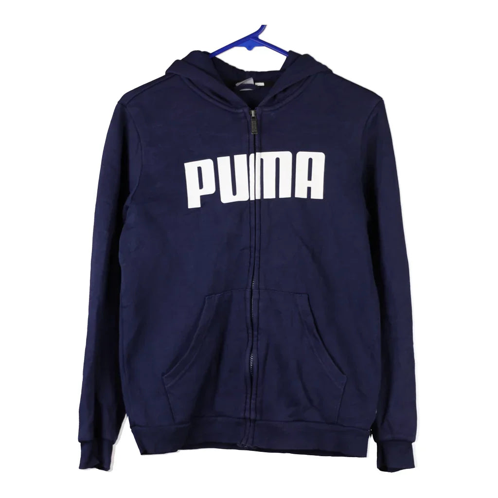 Age 13-14 Puma Spellout Hoodie - XL Navy Cotton Refurbished - Thrifted (note: this is a term often used to describe second- refurbished available on Cerqular