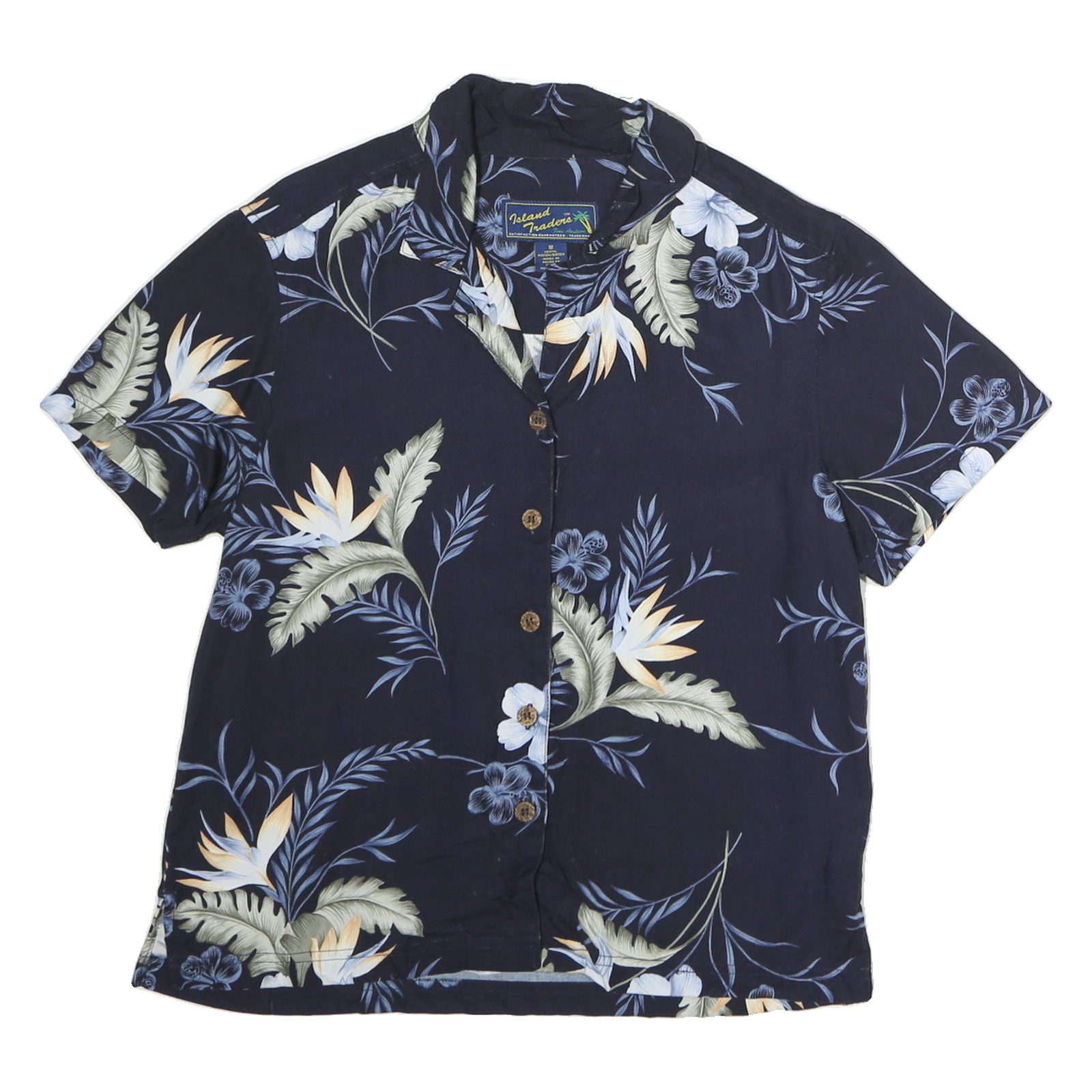 ISLAND TRADERS Womens Navy Blue Floral Rayon Shirt Short Sleeve Collar M Refurbished - N/A refurbished available on Cerqular