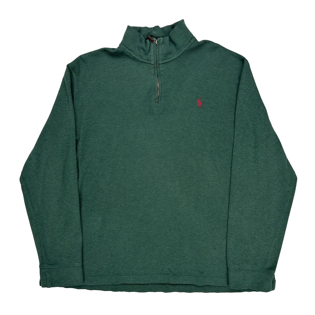 Polo By Ralph Lauren 1/4 Zip - XL Green Cotton Refurbished - Thrifted (note: this is a term often used to describe second- refurbished available on Cerqular