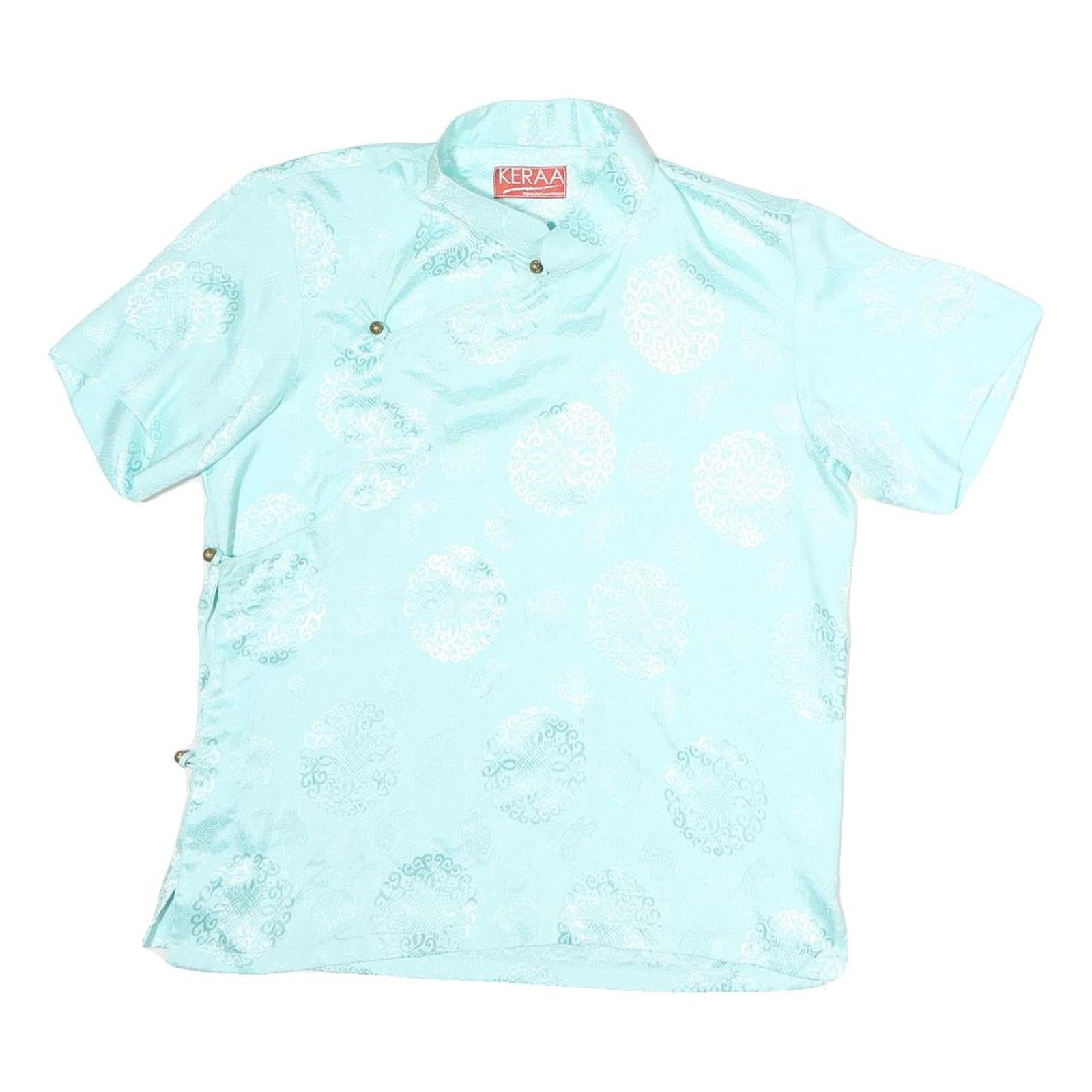 KERRAA Womens Blue Printed Top Short Sleeve Button Neck Silk M Stylish Elegant Refurbished - N/A refurbished available on Cerqular