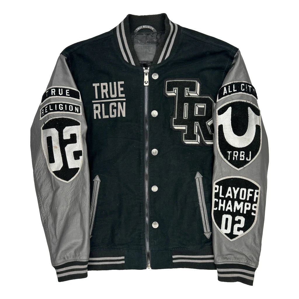 Playoff Champs 02 True Religion Varsity Jacket - 3XL Black Polyester Refurbished - Thrifted (note: this is a term often used to describe second- refurbished available on Cerqular