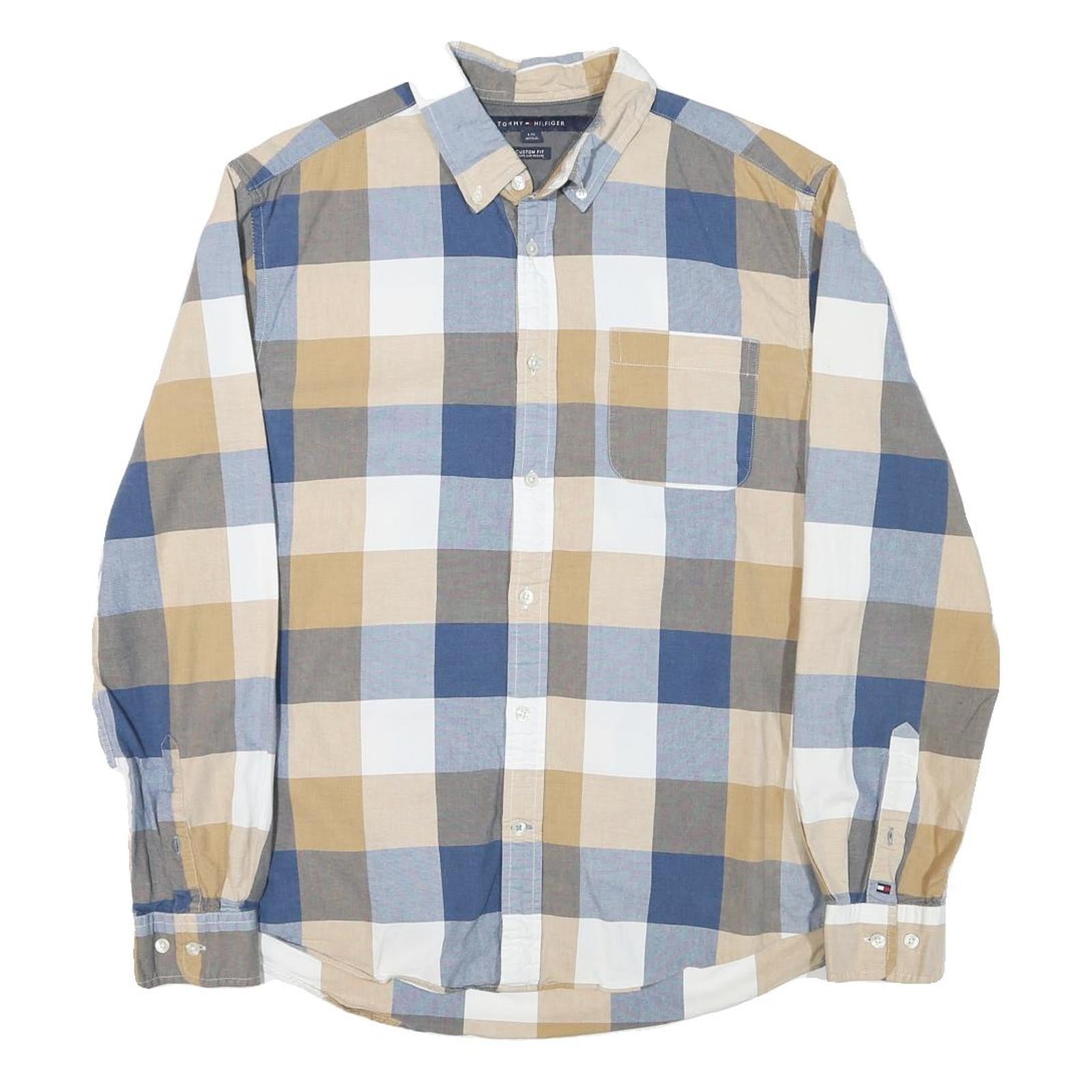 TOMMY HILFIGER Mens Beige & Blue Check Shirt L Cotton Blend Long Sleeve Casual Refurbished - N/A refurbished available on Cerqular