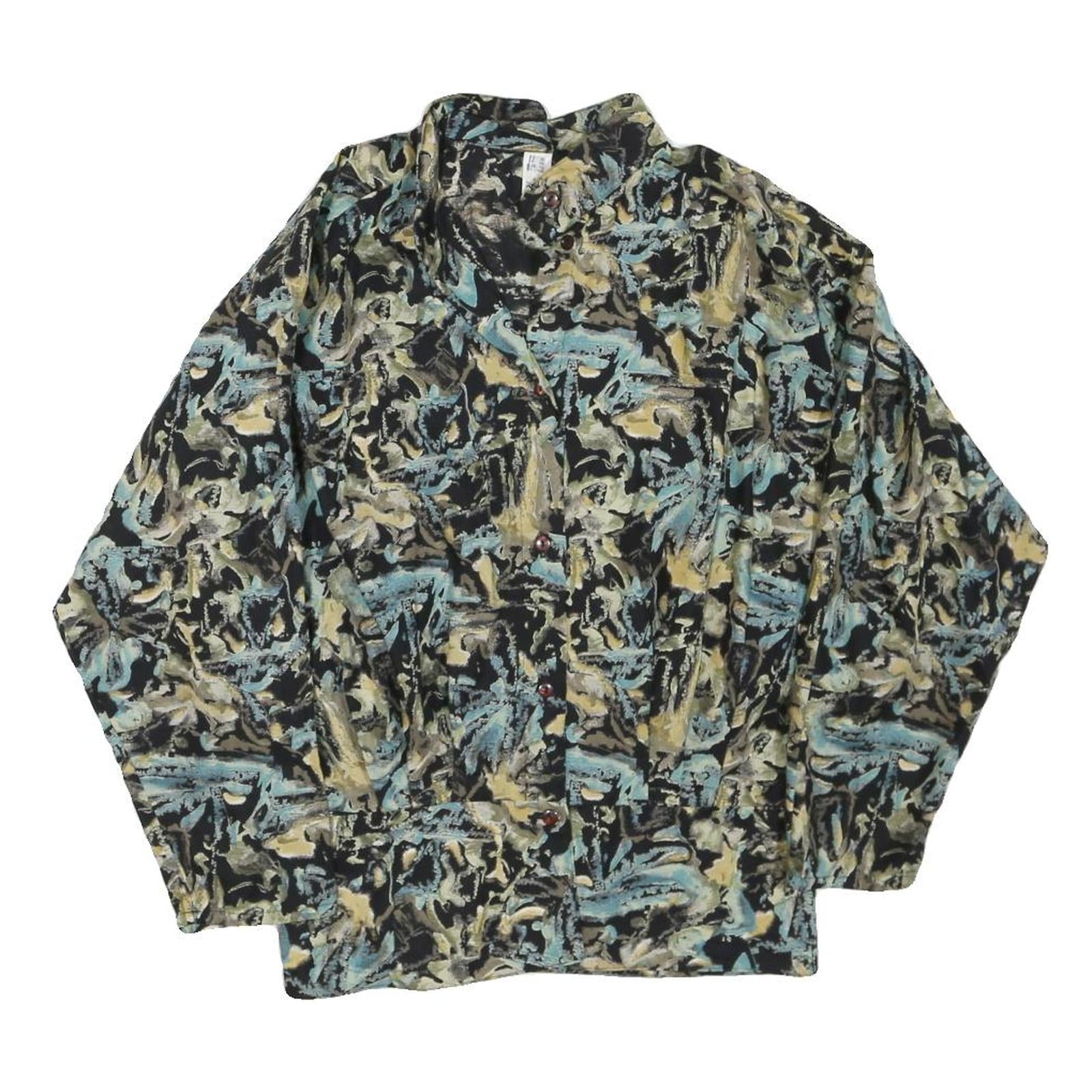 Womens Black & Blue Abstract Print Long Sleeve Button Neck Cotton Blend Top UK Refurbished - N/A refurbished available on Cerqular