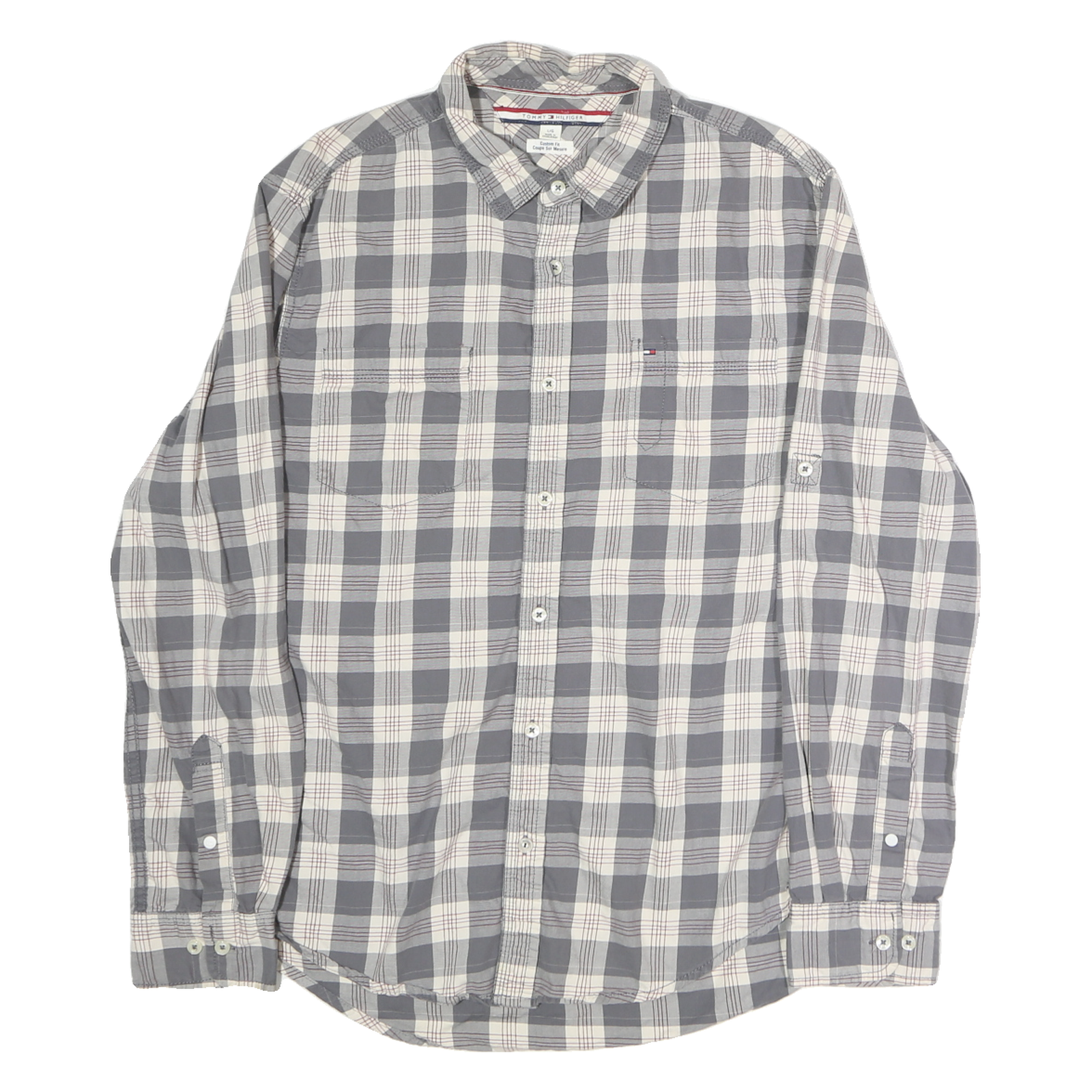 TOMMY HILFIGER Mens Grey & Cream Check Shirt L Cotton Long Sleeve Casual Fashion Refurbished - N/A refurbished available on Cerqular