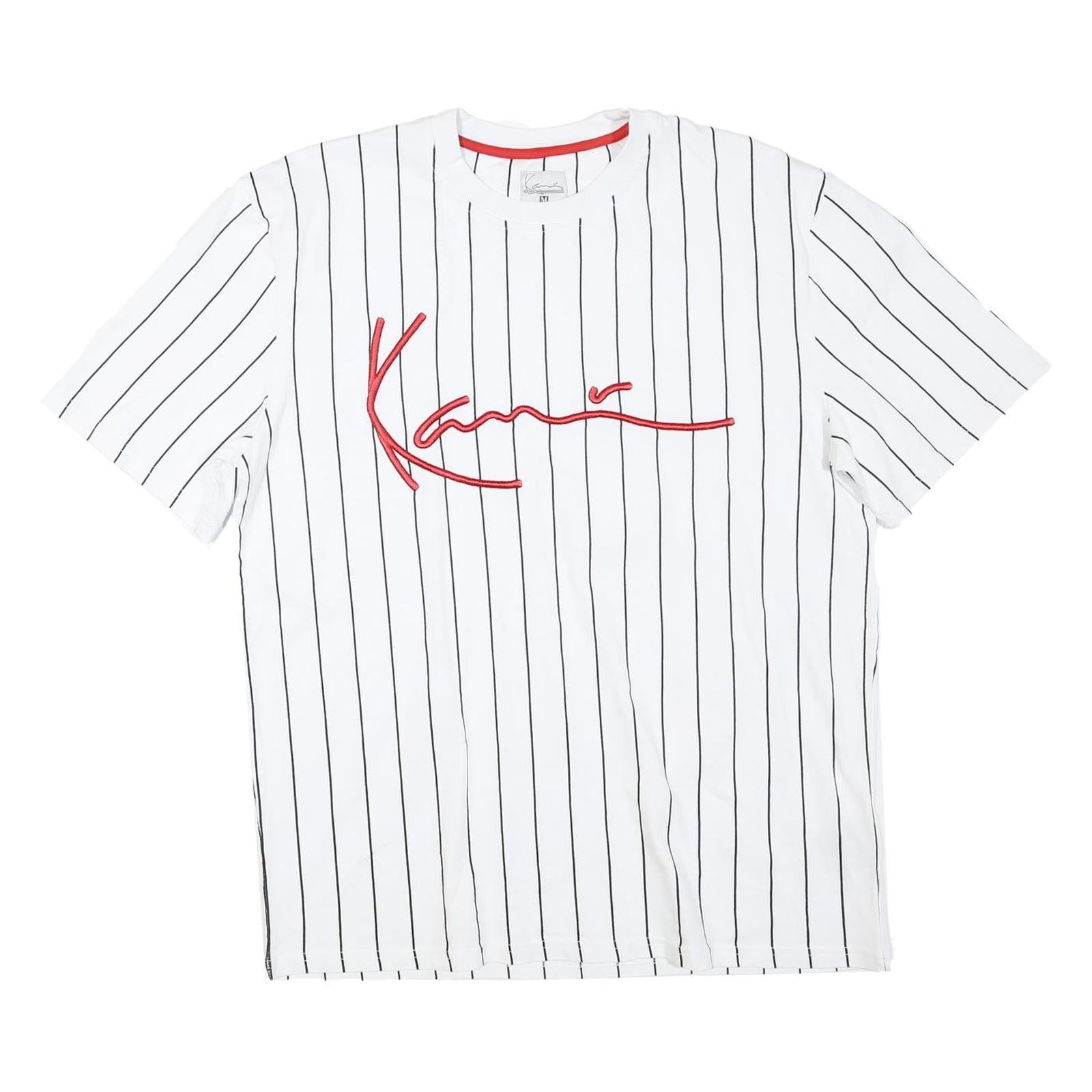 KARL KANI Mens White & Black Pinstripe Signature Graphic T-Shirt M Short Sleeve Refurbished - N/A refurbished available on Cerqular