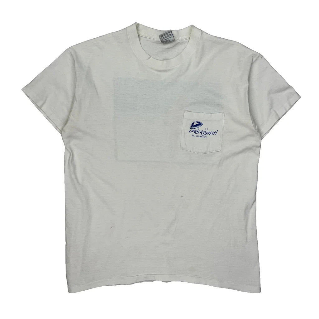 St. Maarten Anvil Graphic T-Shirt - XL White Cotton Refurbished - Thrifted (note: this is a term often used to describe second- refurbished available on Cerqular