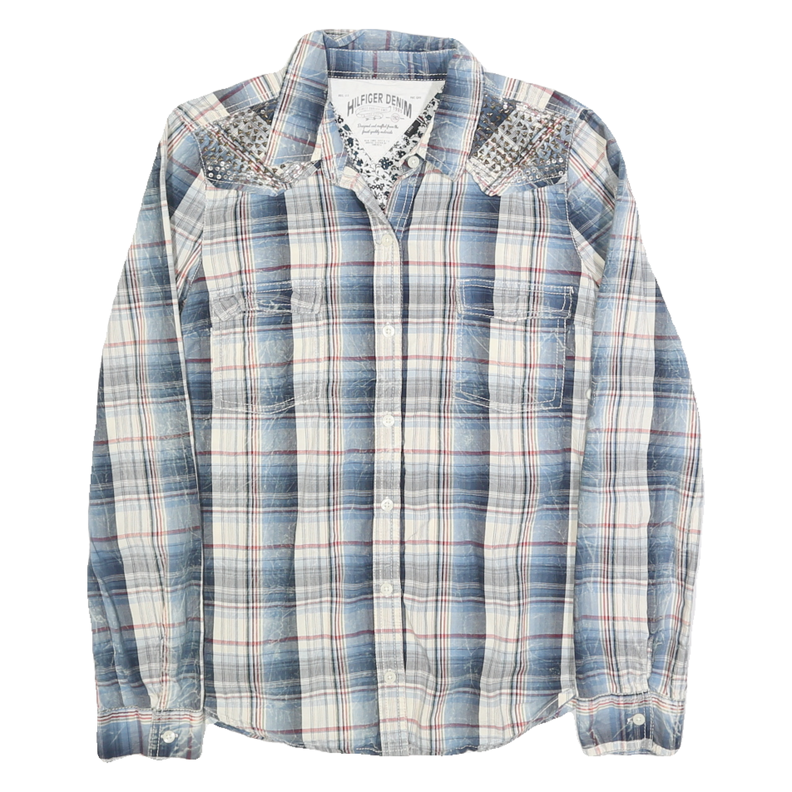 TOMMY HILFIGER Womens Blue & Cream Checked Shirt L Studded Shoulders Casual Refurbished - N/A refurbished available on Cerqular