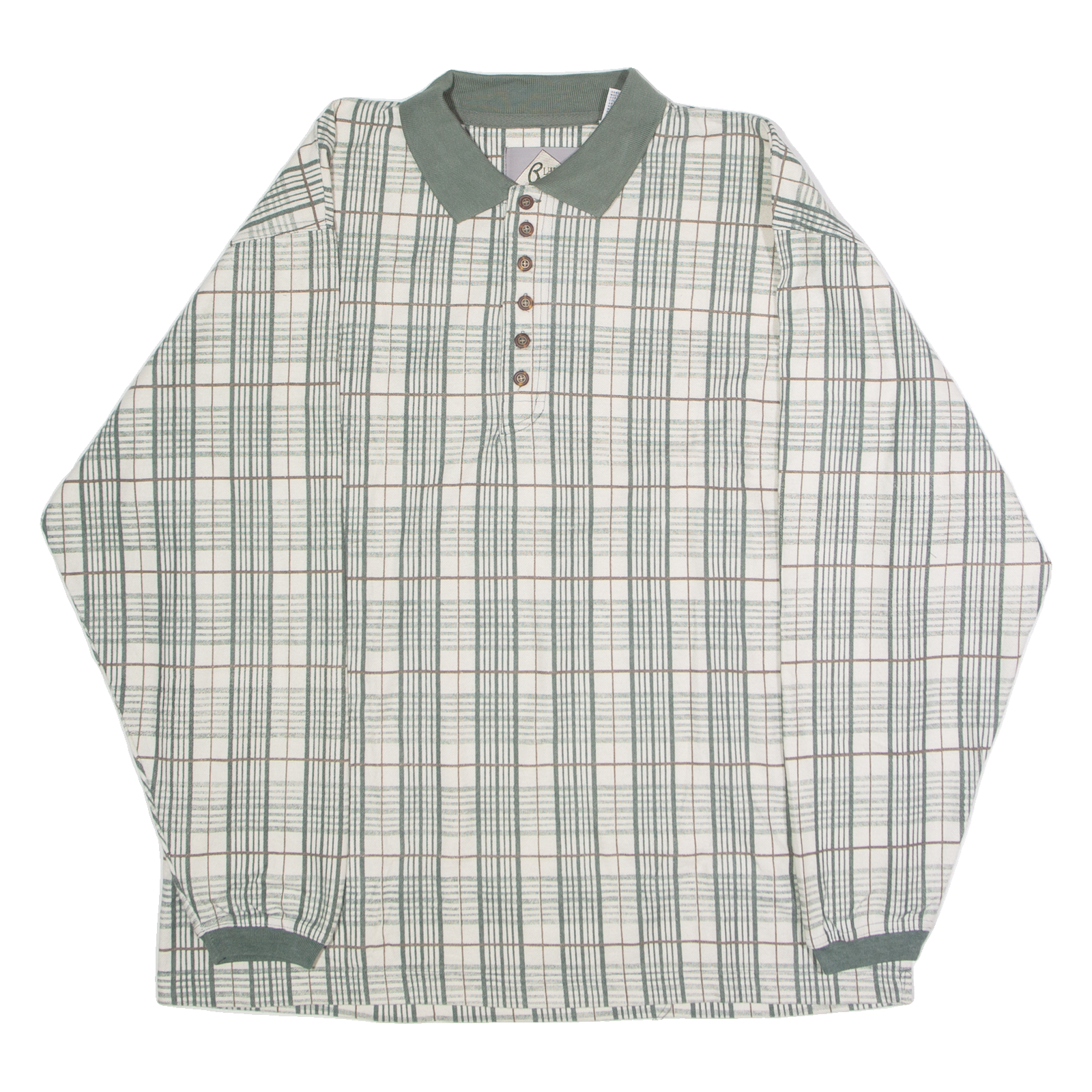 BLUE JEANS Mens Polo Shirt Cream 90s Check Long Sleeve L Refurbished - N/A refurbished available on Cerqular