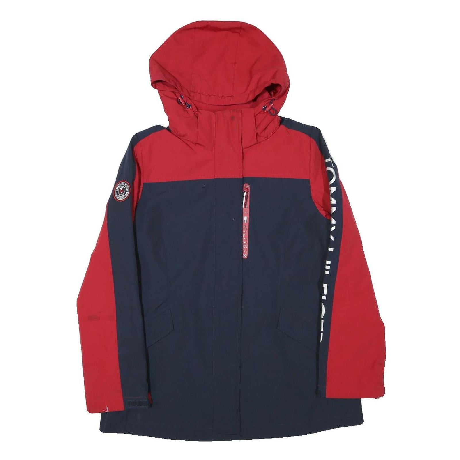 TOMMY HILFIGER Womens Red & Navy Hooded Zip Jacket S Polyester Blend Logo Print Refurbished - N/A refurbished available on Cerqular