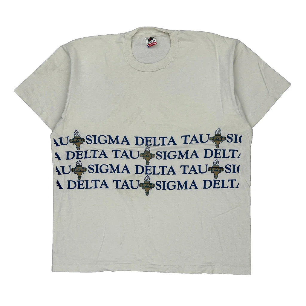 Delta Tau Sigma Fruit Of The Loom Single Stitch T-Shirt - XL White Cotton Refurbished - Thrifted (note: this is a term often used to describe second- refurbished available on Cerqular