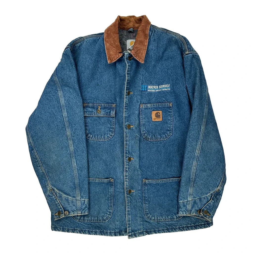 Made In USA Carhartt Collared Denim Jacket - Large Brown Cotton Refurbished - Thrifted (note: this is a term often used to describe second- refurbished available on Cerqular