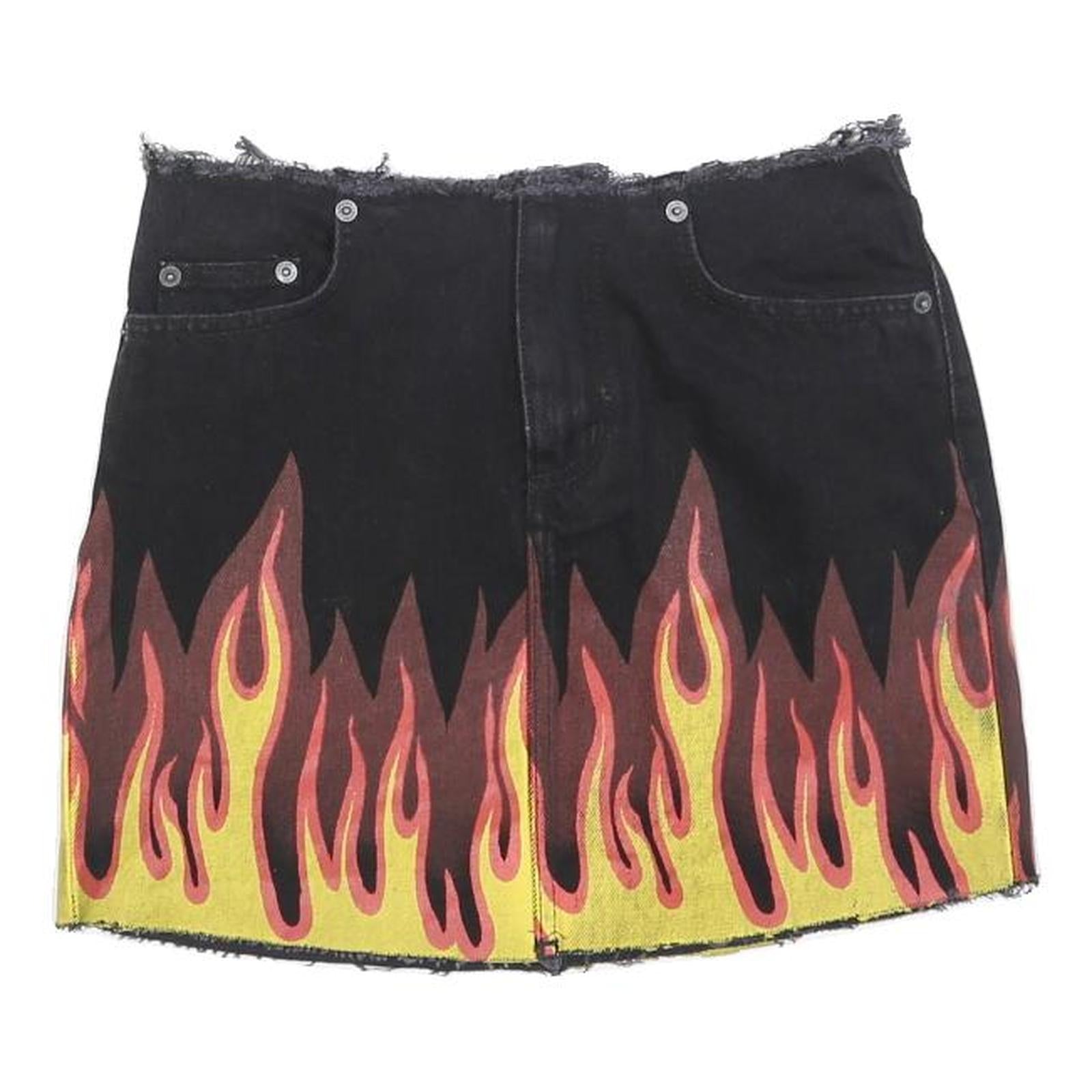 CARMAR Womens Black Flame Print Denim Mini Skirt Cotton Blend XS Edgy Streetwear Refurbished - N/A refurbished available on Cerqular