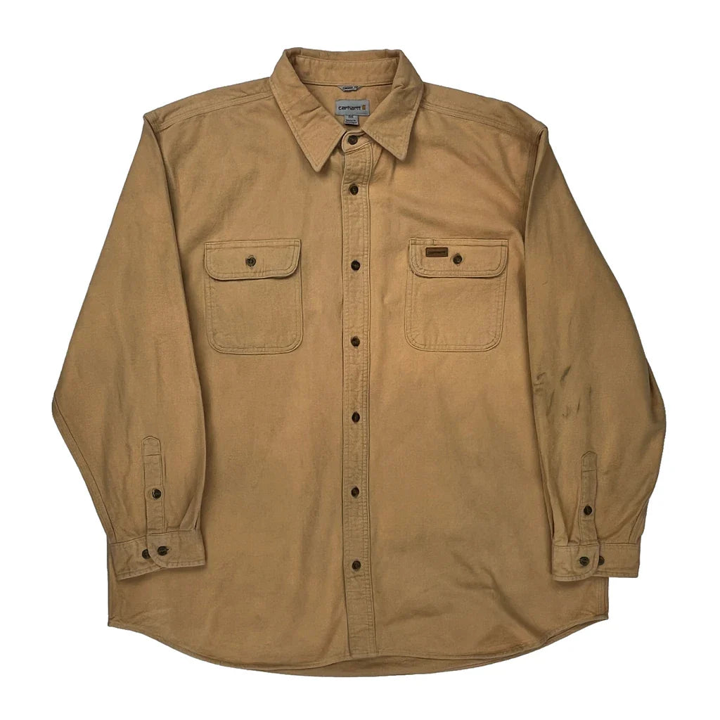 Carhartt Shirt - 2XL Beige Cotton Refurbished - Thrifted (note: this is a term often used to describe second- refurbished available on Cerqular