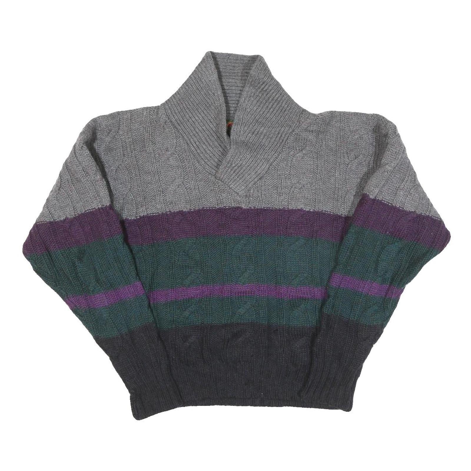 BOSTON TRADERS Mens Grey & Purple Patterned Wool Jumper Shawl Collar Cable Knit Refurbished - N/A refurbished available on Cerqular
