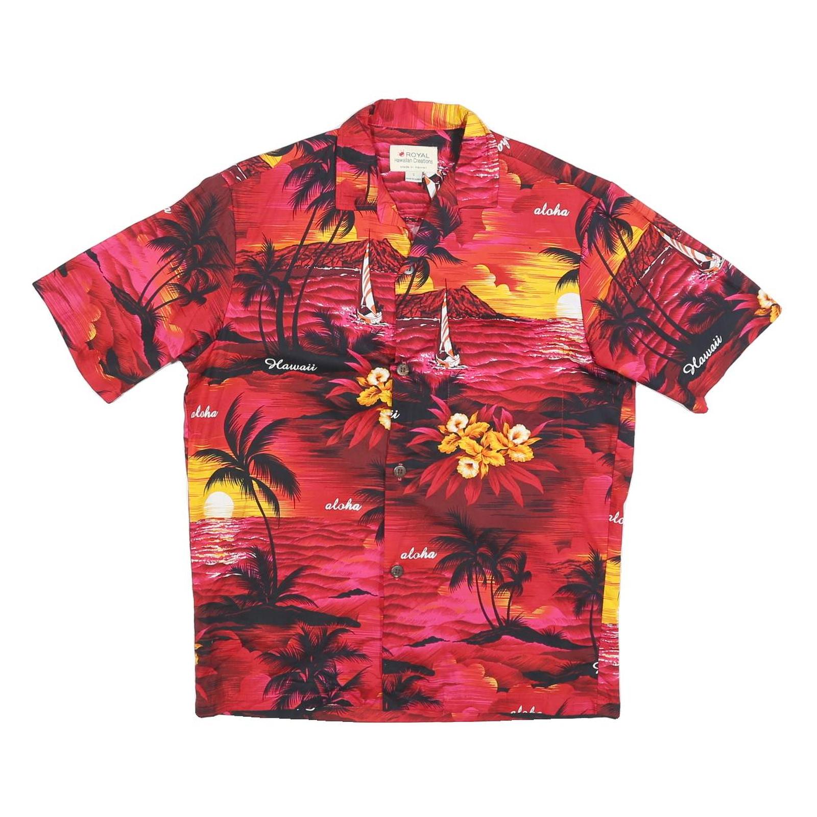 HAWAIIAN CREATIONS Mens Red & Yellow Hawaiian Shirt S Cotton Blend Beach Sunset Refurbished - N/A refurbished available on Cerqular
