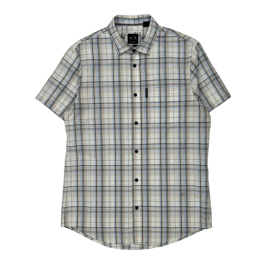 Armani Exchange Checked Short Sleeve Shirt - Medium Beige Cotton Refurbished - Thrifted (note: this is a term often used to describe second- refurbished available on Cerqular