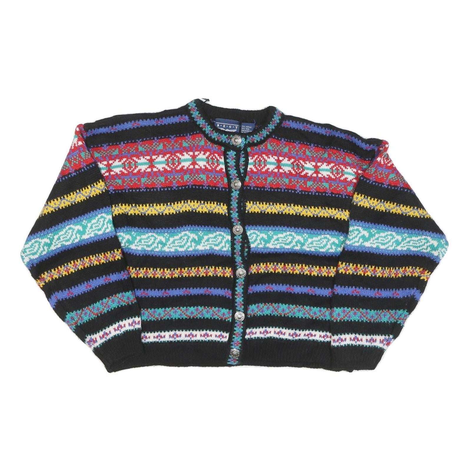 BEST Womens Black Patterned Button Up Jumper Wool Blend L Colourful Striped Refurbished - N/A refurbished available on Cerqular