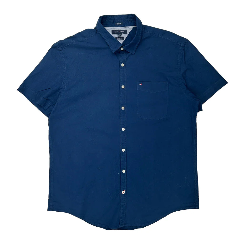 Tommy Hilfiger Slim Fit Short Sleeve Shirt - 2XL Blue Cotton Refurbished - Thrifted (note: this is a term often used to describe second- refurbished available on Cerqular