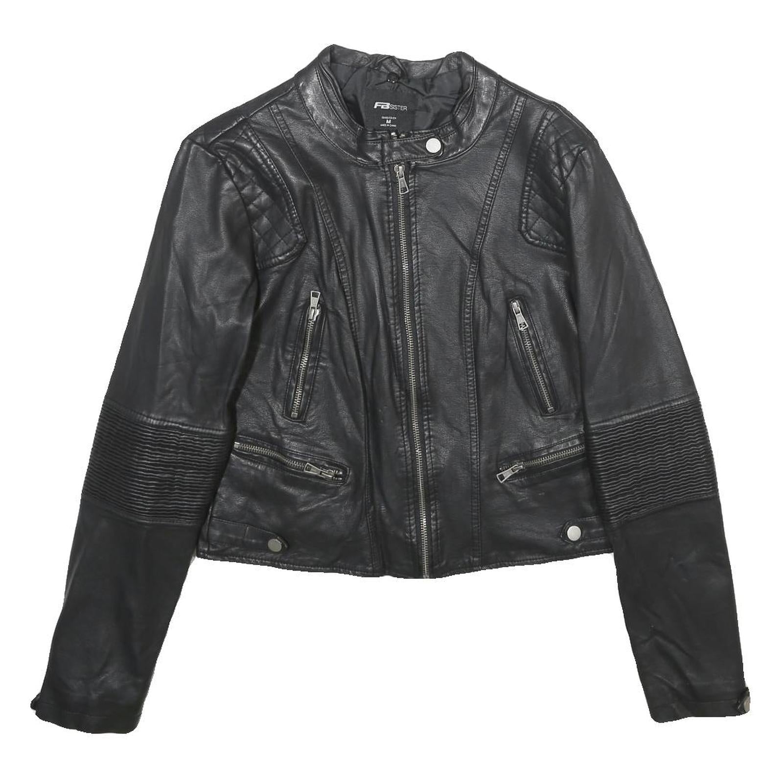 FB SISTER Womens Black Faux Leather Biker Jacket M Woven Zipped Pockets Refurbished - N/A refurbished available on Cerqular