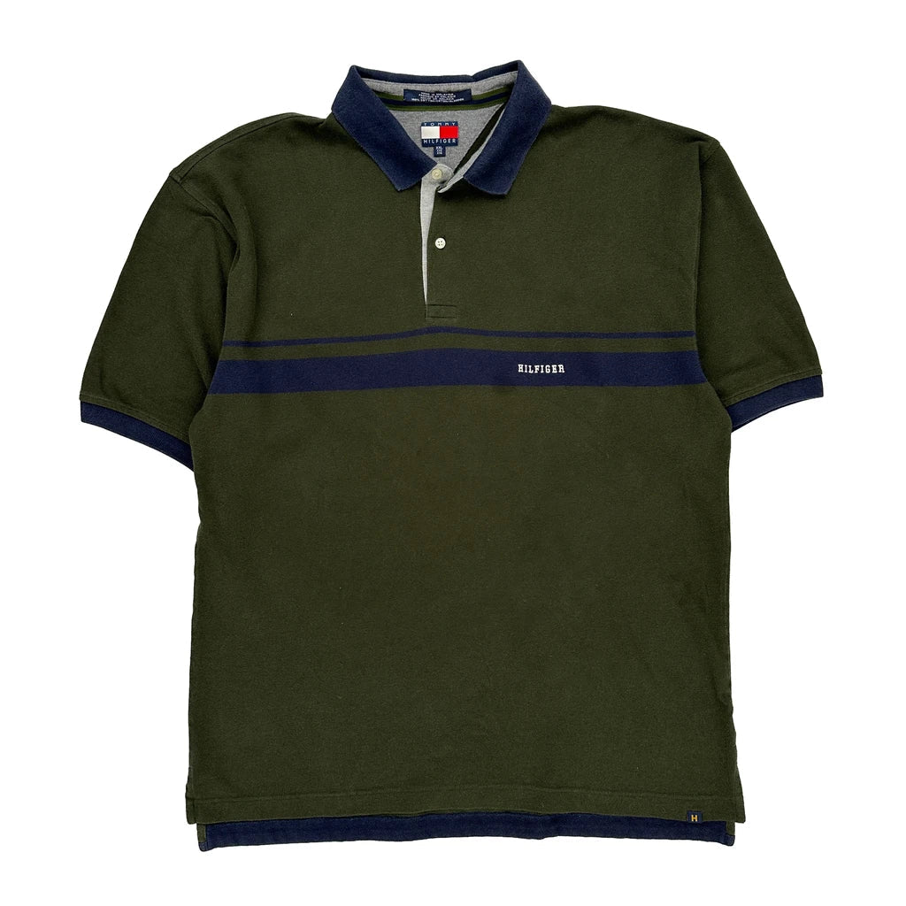 Tommy Hilfiger Striped Polo Shirt - 2XL Green Cotton Refurbished - Thrifted (note: this is a term often used to describe second- refurbished available on Cerqular