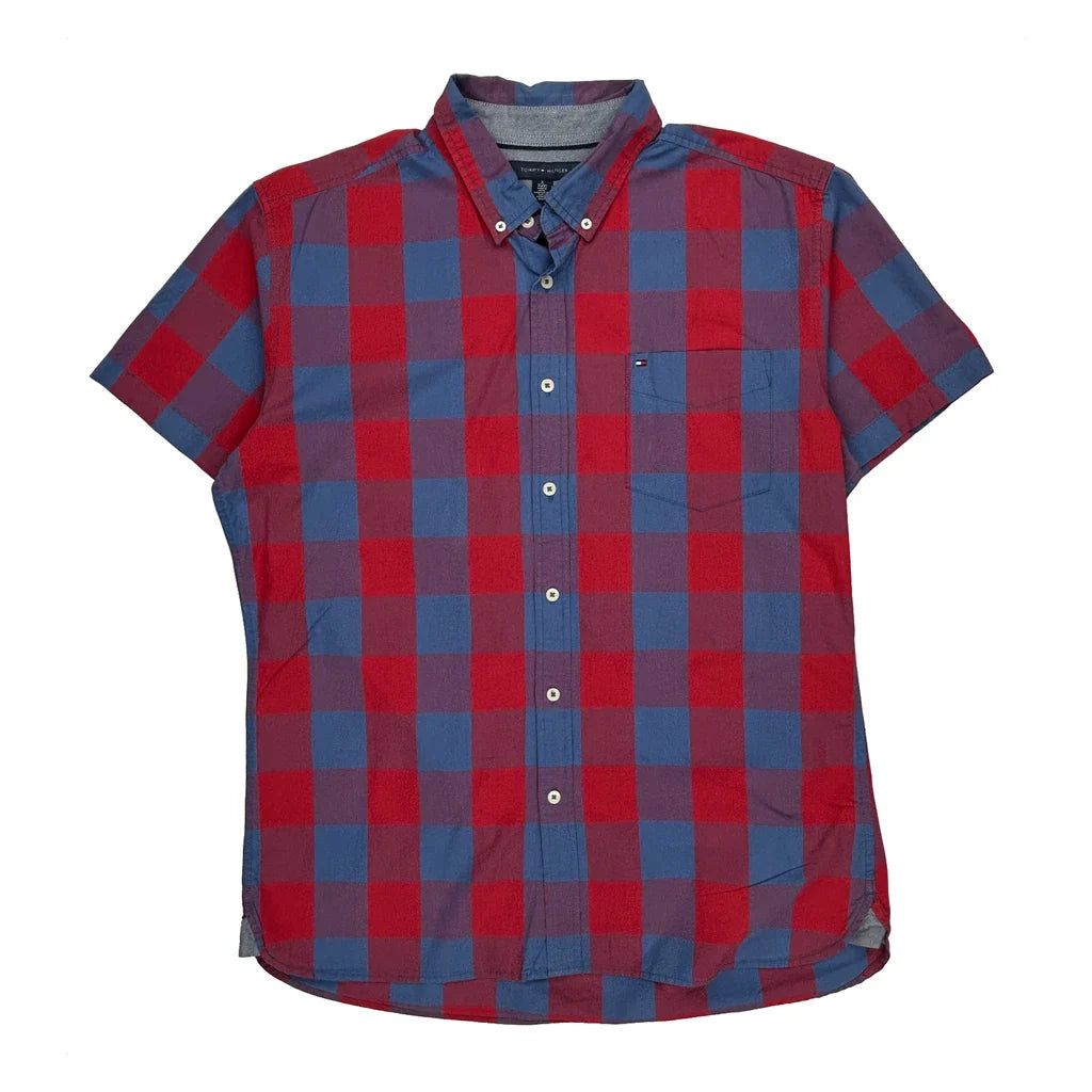 Tommy Hilfiger Checked Short Sleeve Shirt - XL Blue Cotton Refurbished - Thrifted (note: this is a term often used to describe second- refurbished available on Cerqular