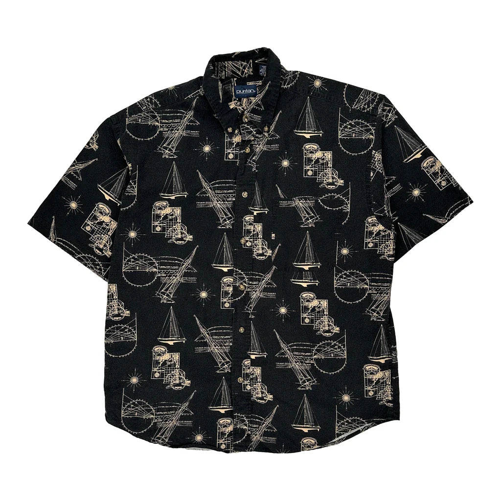 Nautical Print Puritan Graphic Hawaiian Shirt - Large Black Cotton Refurbished - Thrifted (note: this is a term often used to describe second- refurbished available on Cerqular
