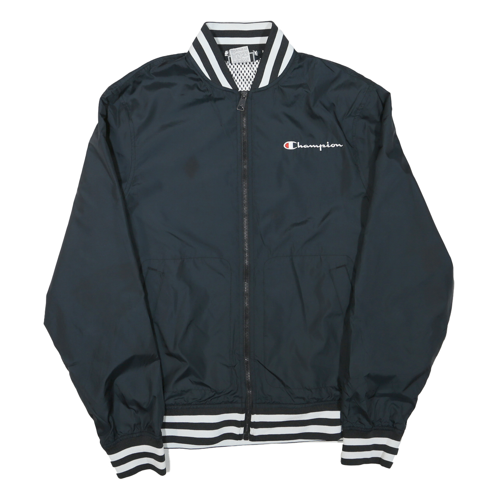 CHAMPION Mens Black Varsity Zip Jacket M Polyester Blend Plain Stripe Refurbished - N/A refurbished available on Cerqular