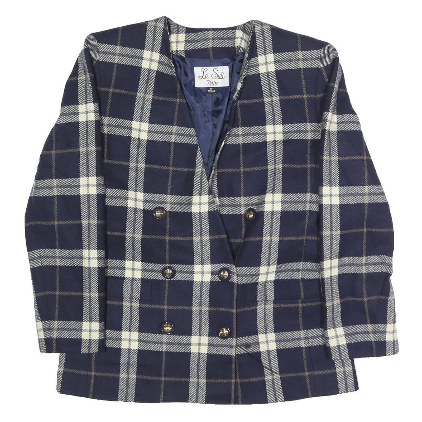 LE SUIT Womens Navy & Cream Check Button Jacket UK 12 Wool Blend Classic Refurbished - N/A refurbished available on Cerqular