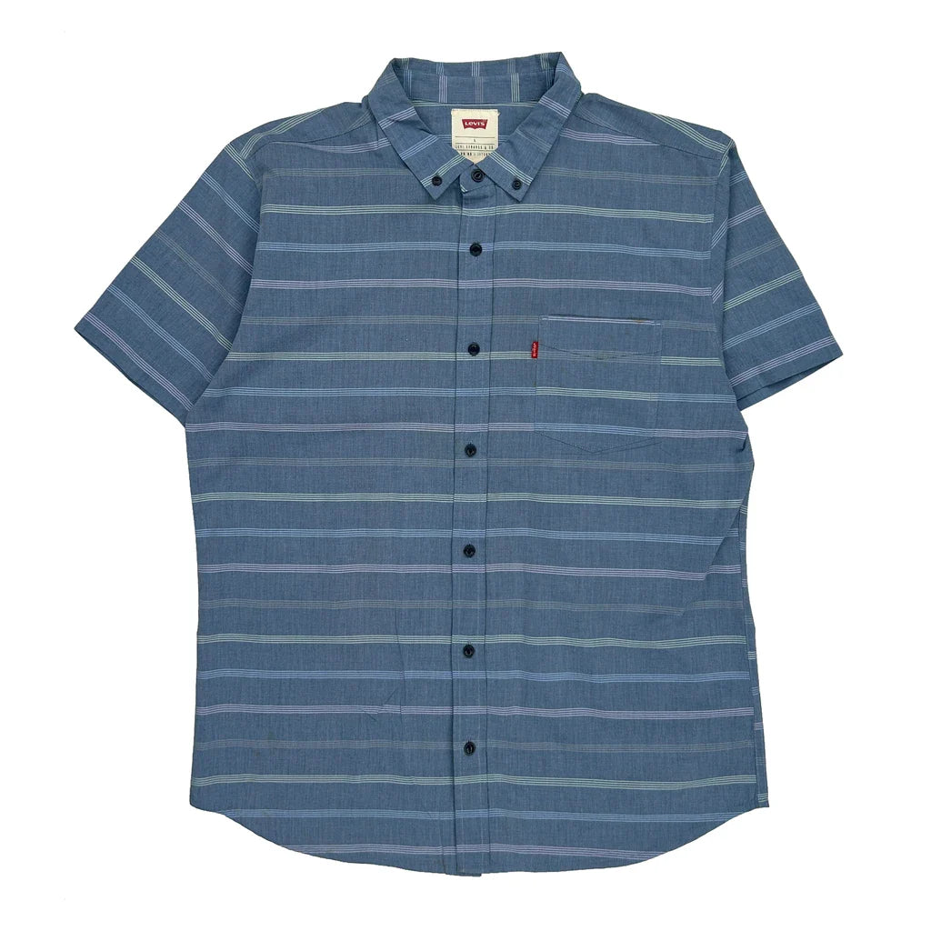 Levis Striped Short Sleeve Shirt - Large Blue Cotton Refurbished - Thrifted (note: this is a term often used to describe second- refurbished available on Cerqular