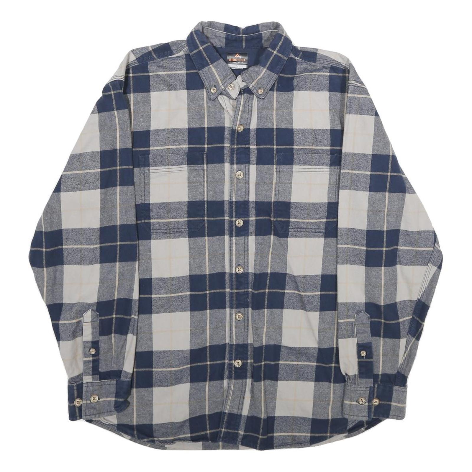 ROUGH CUT Mens Blue & White Checked Cotton Shirt L Casual Pattern Button-Down Refurbished - N/A refurbished available on Cerqular