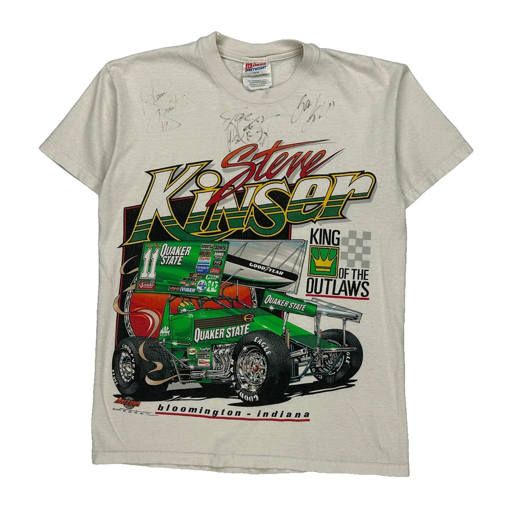 Steve Kinser Hanes Graphic T-Shirt - Large White Cotton Refurbished - Thrifted (note: this is a term often used to describe second- refurbished available on Cerqular