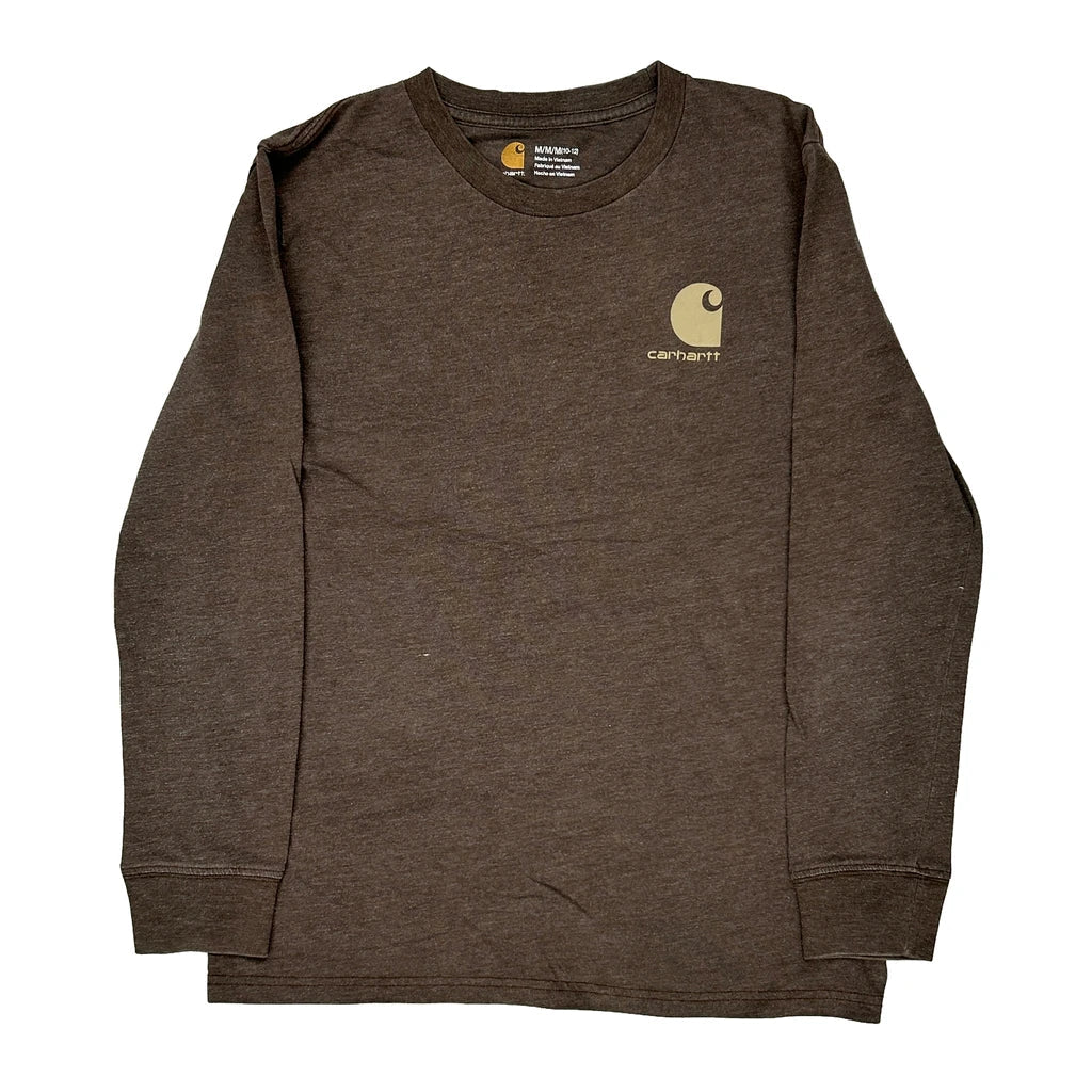 Age 10-12 Carhartt Graphic Long Sleeve T-Shirt - Medium Brown Cotton Refurbished - Thrifted (note: this is a term often used to describe second- refurbished available on Cerqular