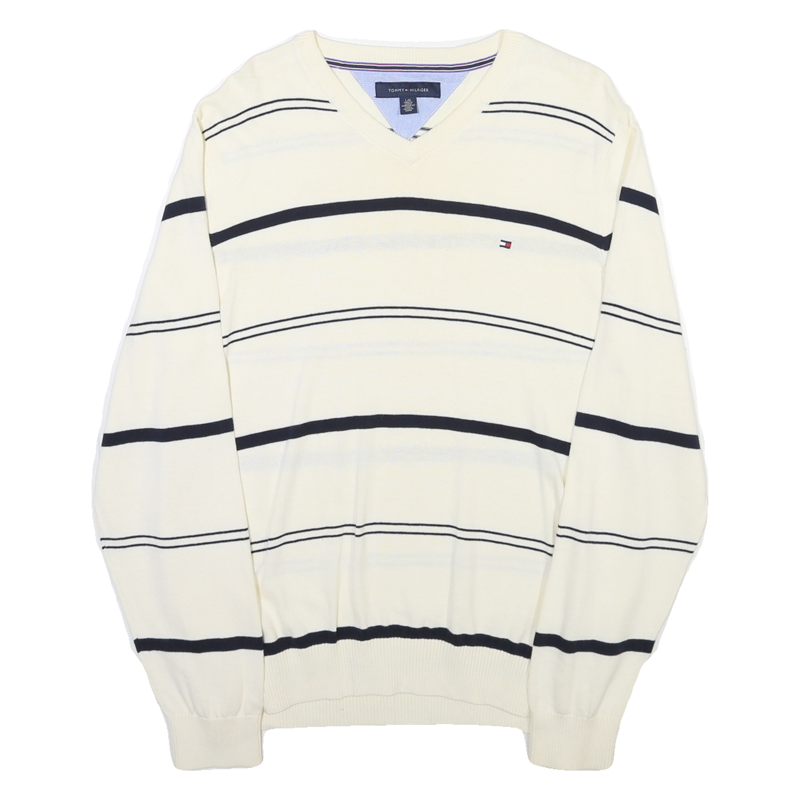 TOMMY HILFIGER Mens White & Navy Striped Patterned V-Neck Cable Knit Jumper M Refurbished - N/A refurbished available on Cerqular