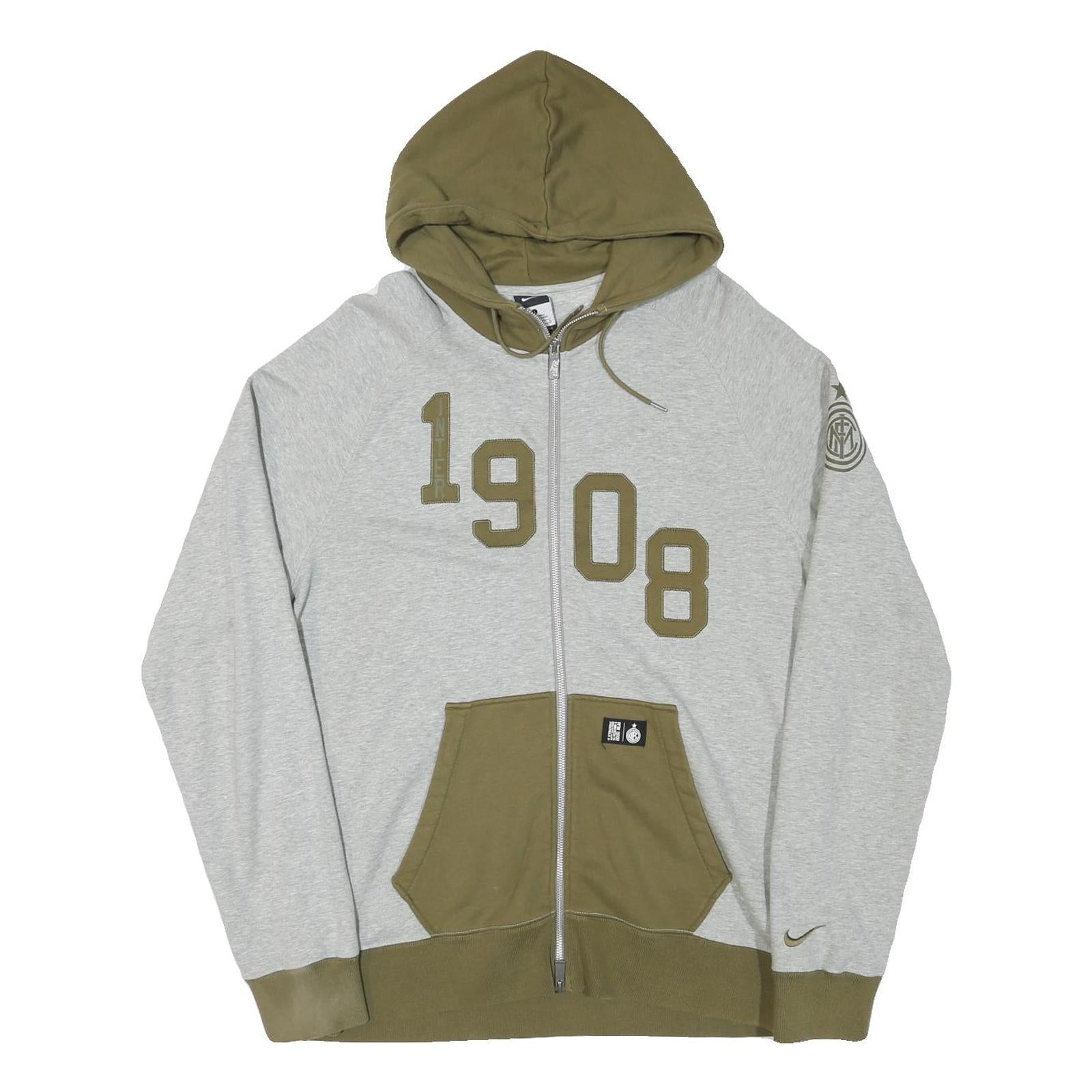 NIKE Mens Grey & Olive Zip Up Hoodie L 1908 Applique Drawstring Refurbished - N/A refurbished available on Cerqular