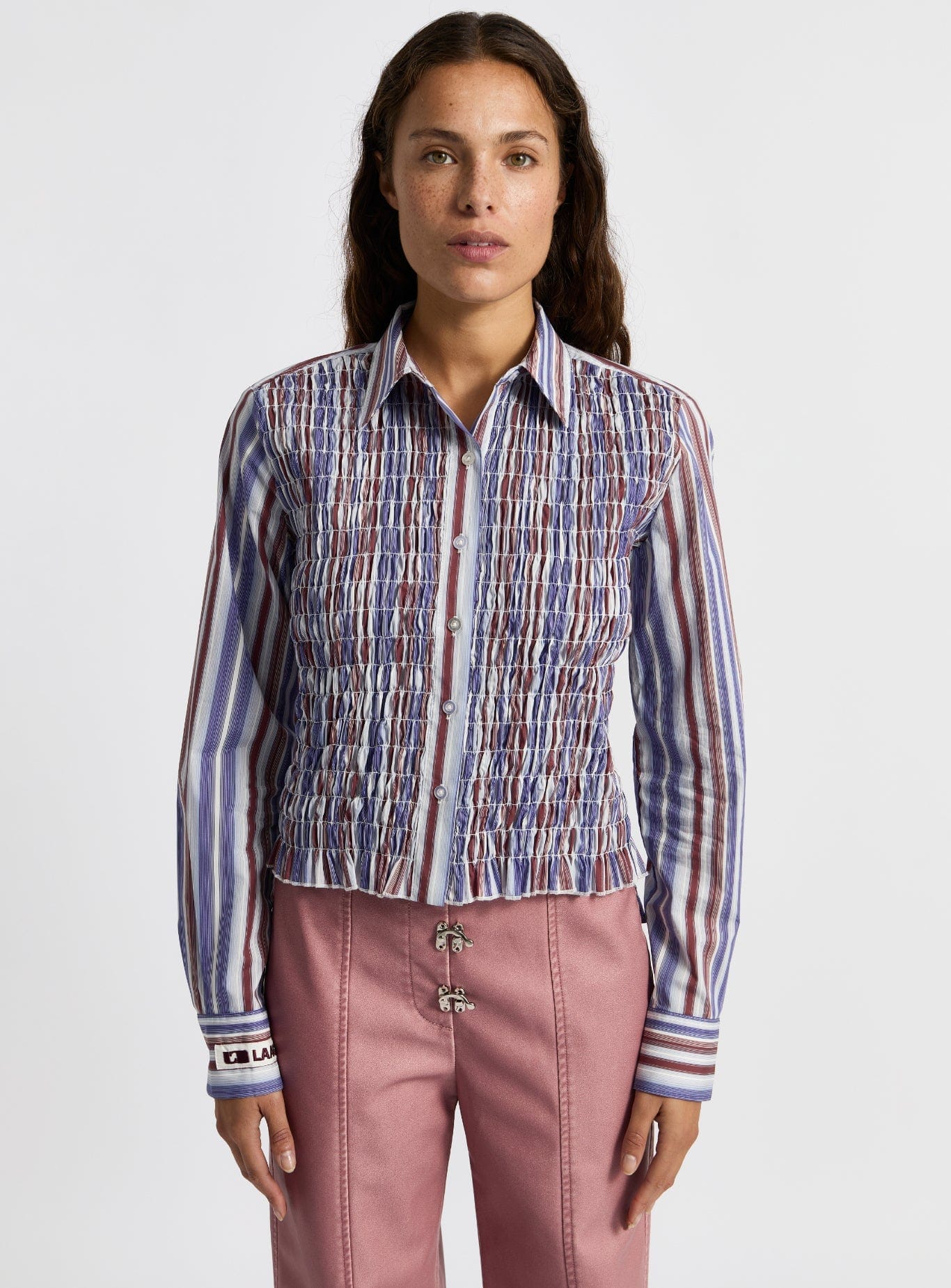 LIAM BLUE STRIPED RUCHED SHIRT | Size: XL Refurbished - N/A (Note: Laagam is a Hindi word that means refurbished available on Cerqular