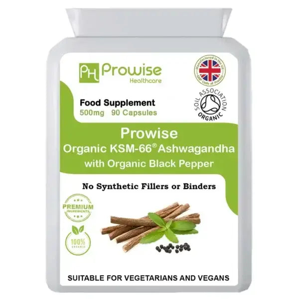 Organic Ashwagandha KSM-66® with 5% Withanolides 90 Vegan Capsules added with Black Pepper | High Strength Certified Organic by Soil Association Refurbished - Prowise Healthcare refurbished available on Cerqular