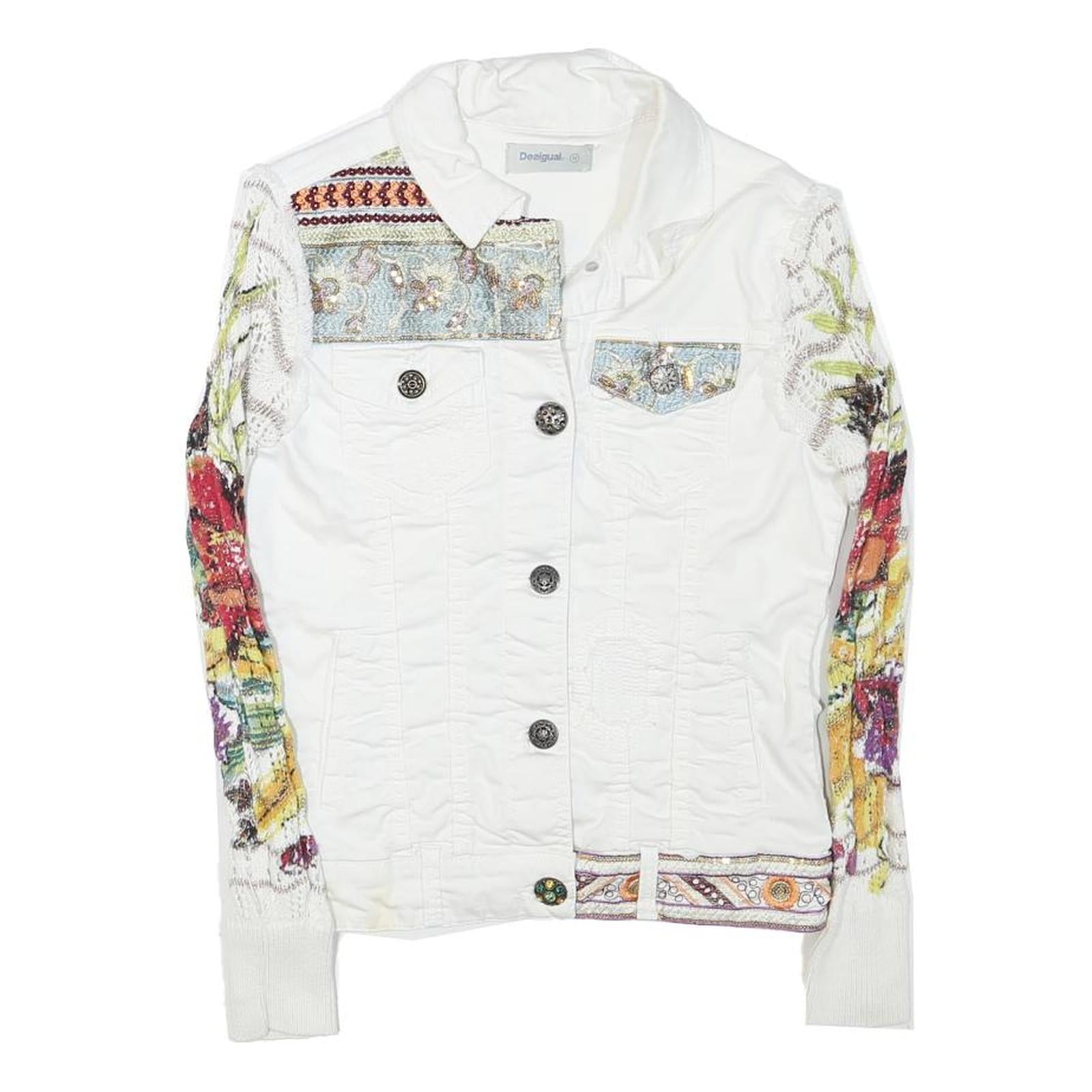 DESIGUAL Womens White Embroidered Cotton Blend Button Jacket XXS Refurbished - N/A refurbished available on Cerqular