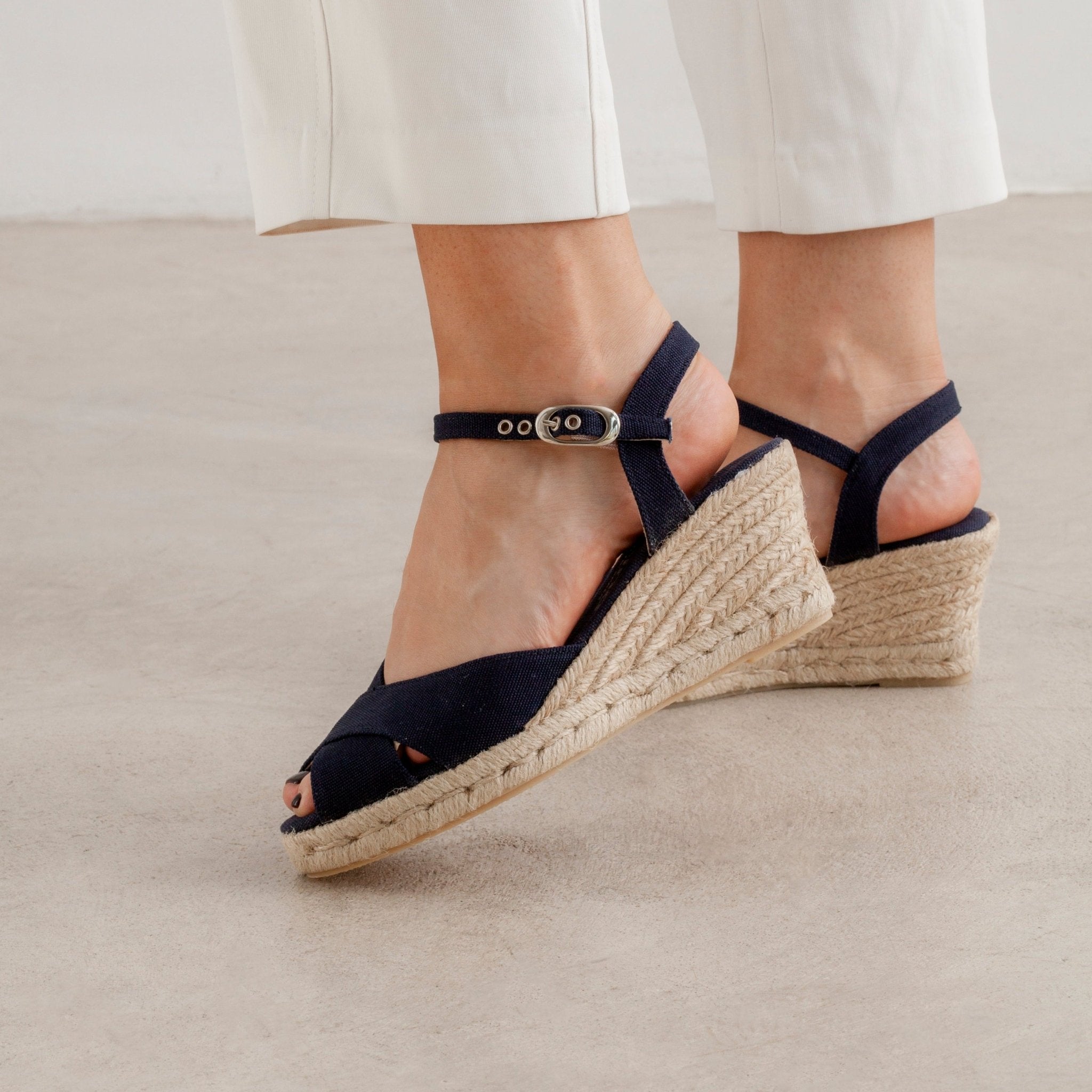 Taggia Organic Canvas Eco Vegan Espadrille Wedges - Navy Blue | Select size: 9.5 US (41EU) | Color: Navy Blue Refurbished - N/A refurbished available on Cerqular