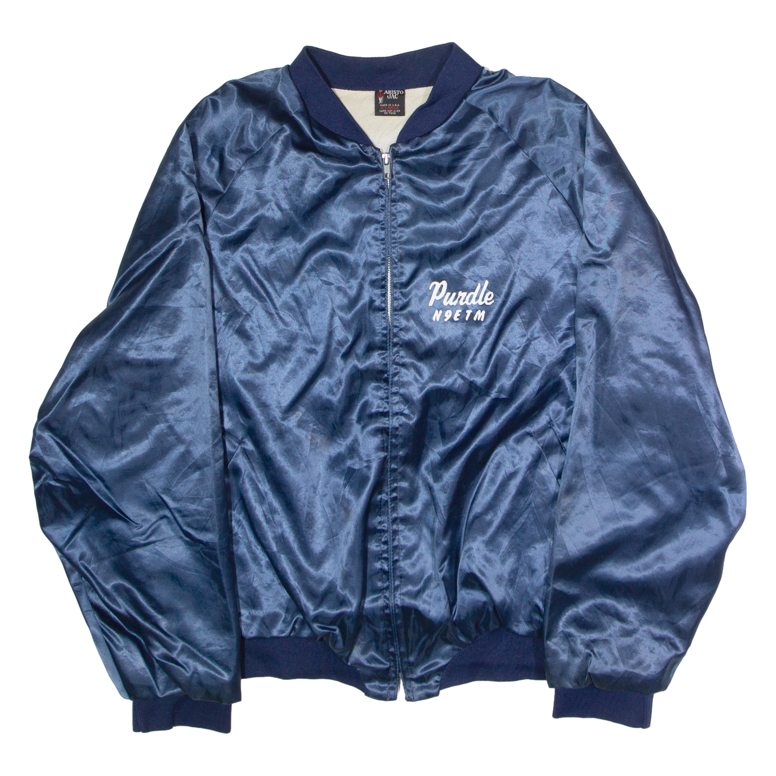 ARISTO JAC Purdle N9ETM Amateur Radio Club Marion IN Mens Bomber Jacket Blue Satin Nylon 80s USA XL Refurbished - N/A refurbished available on Cerqular