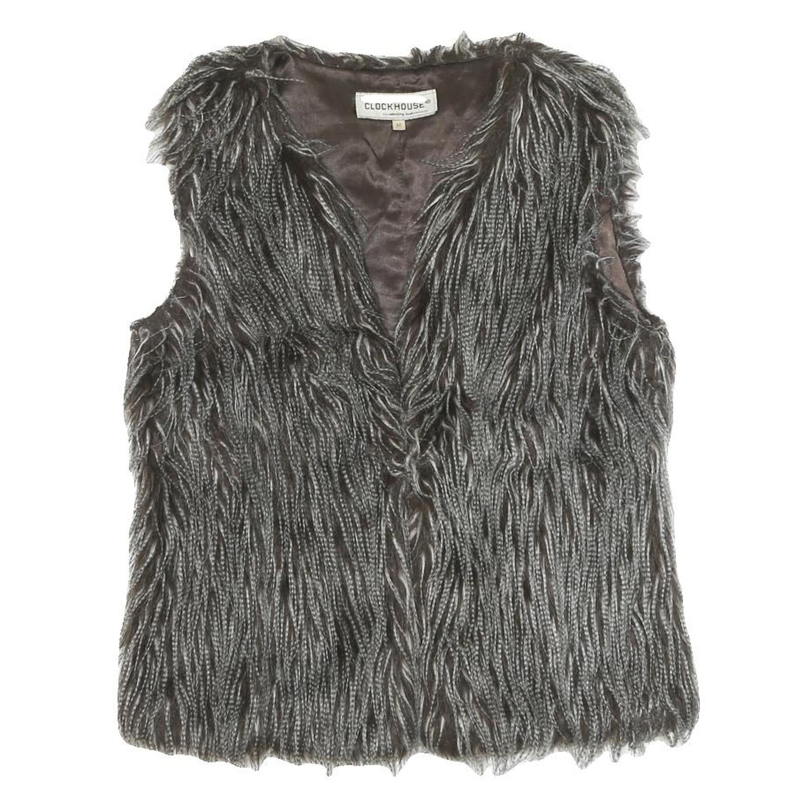 CLOCKHOUSE Womens Grey Faux Fur Button Jacket M Polyester Blend Textured Refurbished - N/A refurbished available on Cerqular