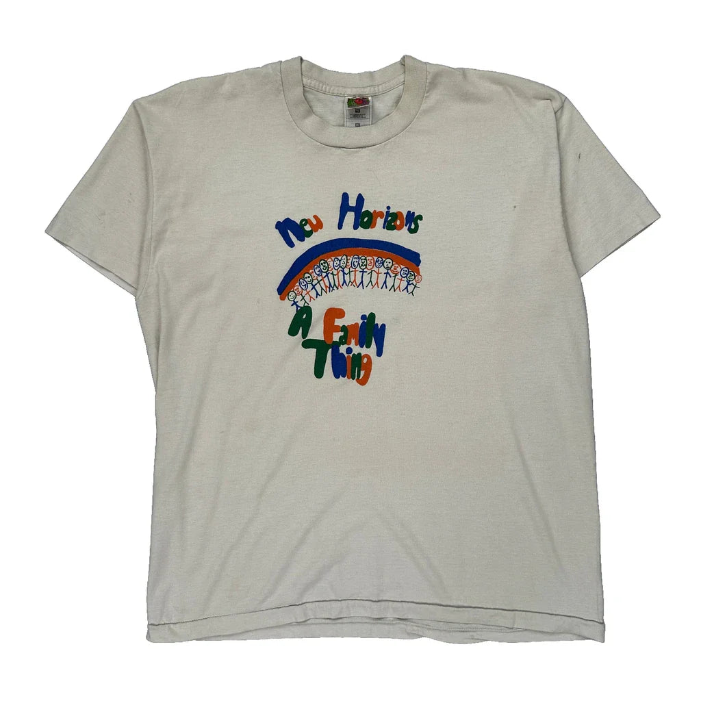 New Horizons A Family Thing Fruit Of The Loom Single Stitch T-Shirt - XL Cream Cotton Refurbished - Thrifted (note: this is a term often used to describe second- refurbished available on Cerqular