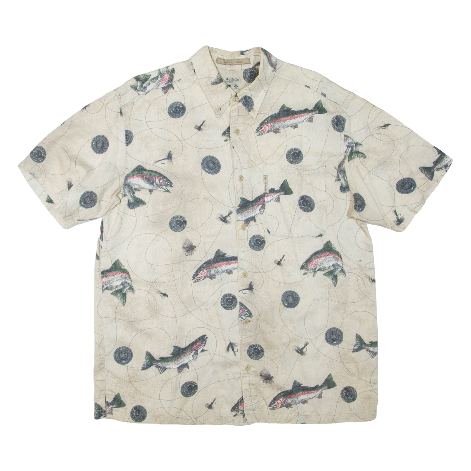 RIVER LODGE Fish Mens Shirt Beige Crazy Pattern L Refurbished - N/A refurbished available on Cerqular