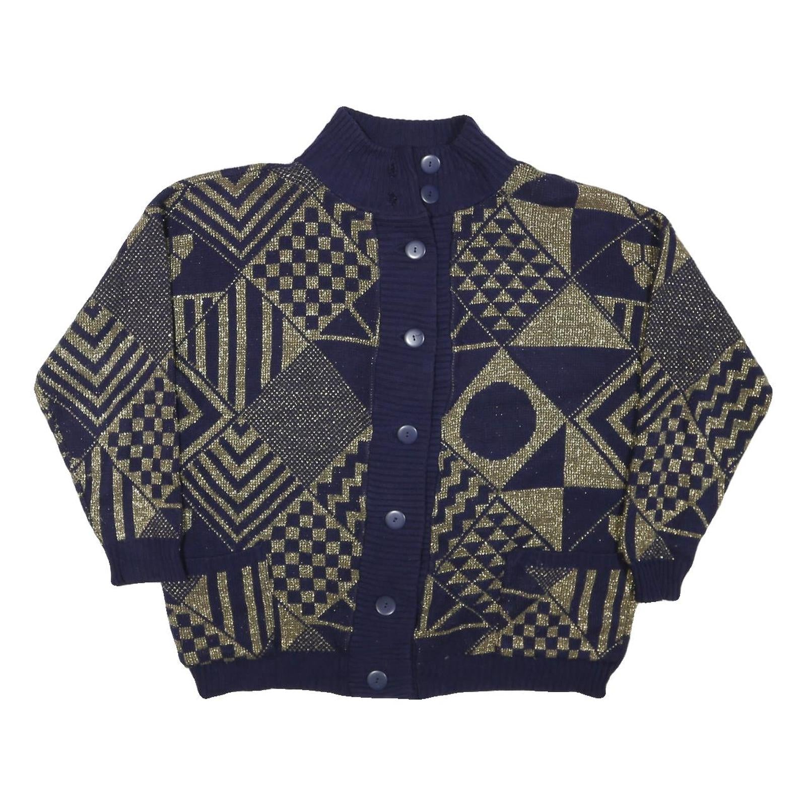 JESSICA Womens Navy & Gold Patterned Button Up Chunky Knit M Jumper Acrylic Refurbished - N/A refurbished available on Cerqular