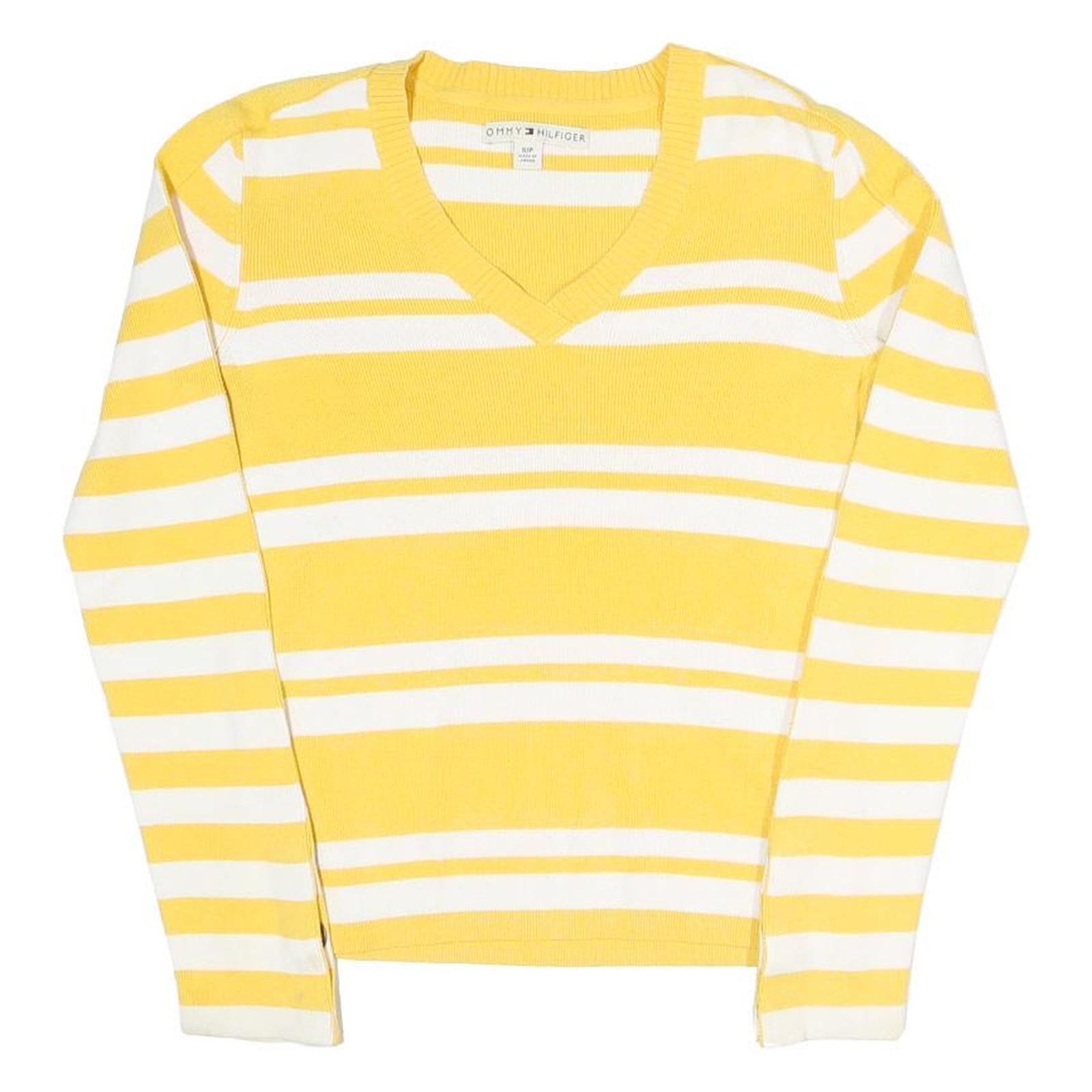 TOMMY HILFIGER Womens Yellow & White Patterned Cotton Blend V-Neck Jumper S Refurbished - N/A refurbished available on Cerqular