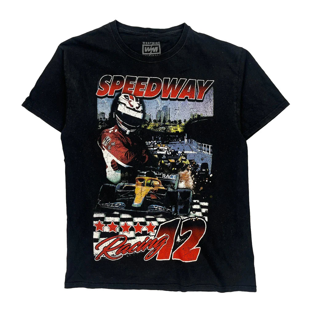 Racing Westside Graphic T-Shirt - Large Black Cotton Refurbished - Thrifted (note: this is a term often used to describe second- refurbished available on Cerqular