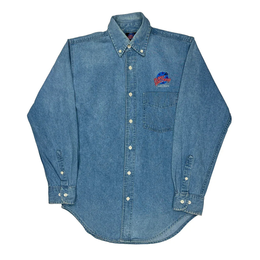 Myrtle Beach Planet Hollywood Denim Shirt - Small Blue Cotton Refurbished - Thrifted (note: this is a term often used to describe second- refurbished available on Cerqular