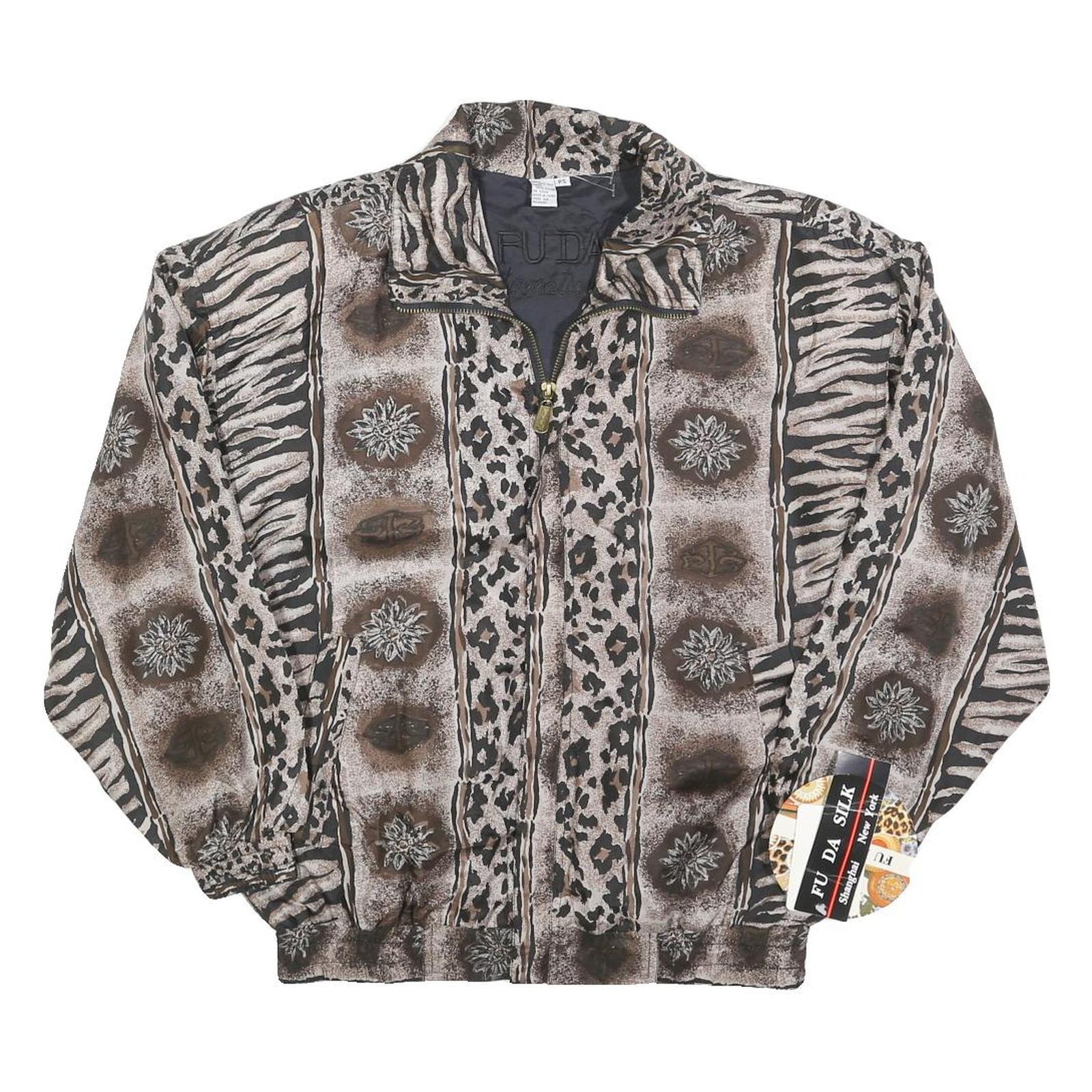 FU DA Womens Brown & Black Animal Print Silk Zip Jacket S Woven Relaxed Fit Refurbished - N/A refurbished available on Cerqular