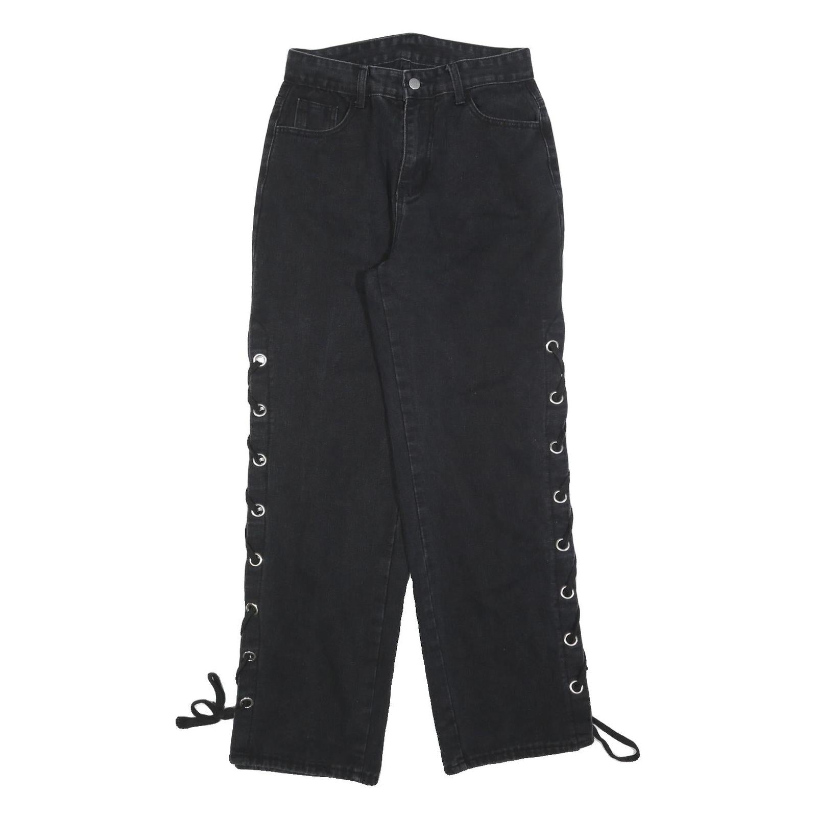 ROMWE Womens Jeans Black Relaxed Straight Denim Medium W26 L29 Lace-up Side Refurbished - N/A refurbished available on Cerqular