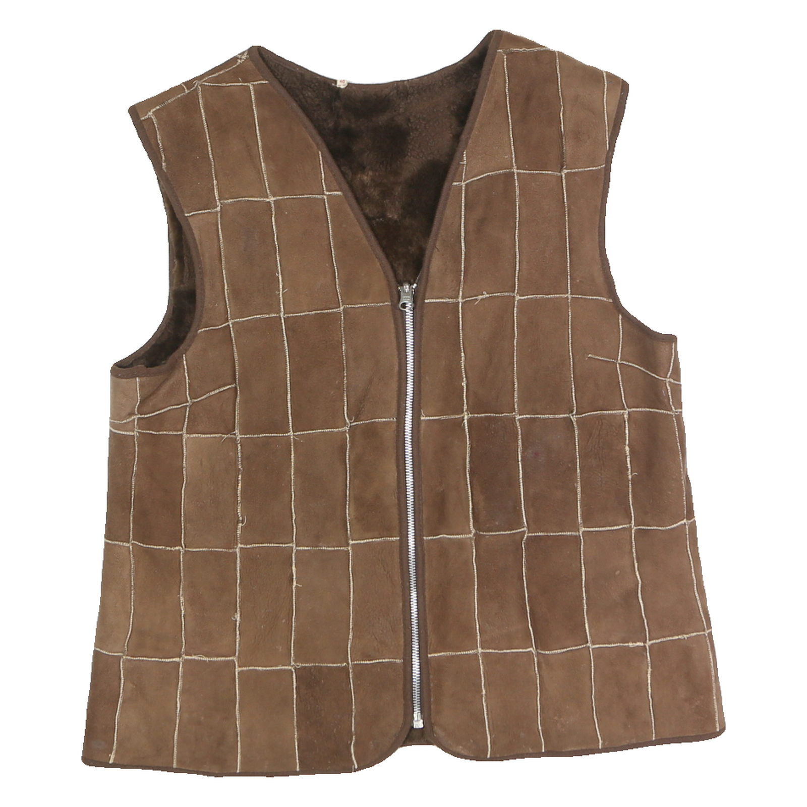 Mens Brown Leather Zip Vest Patchwork Design L Leather Jacket Sleeveless Refurbished - N/A refurbished available on Cerqular