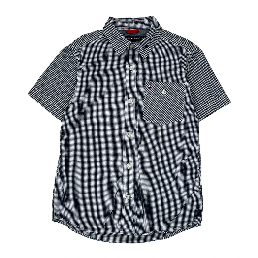 Age 8-10 Tommy Hilfiger Checked Short Sleeve Shirt - Small Blue Cotton Refurbished - Thrifted (note: this is a term often used to describe second- refurbished available on Cerqular